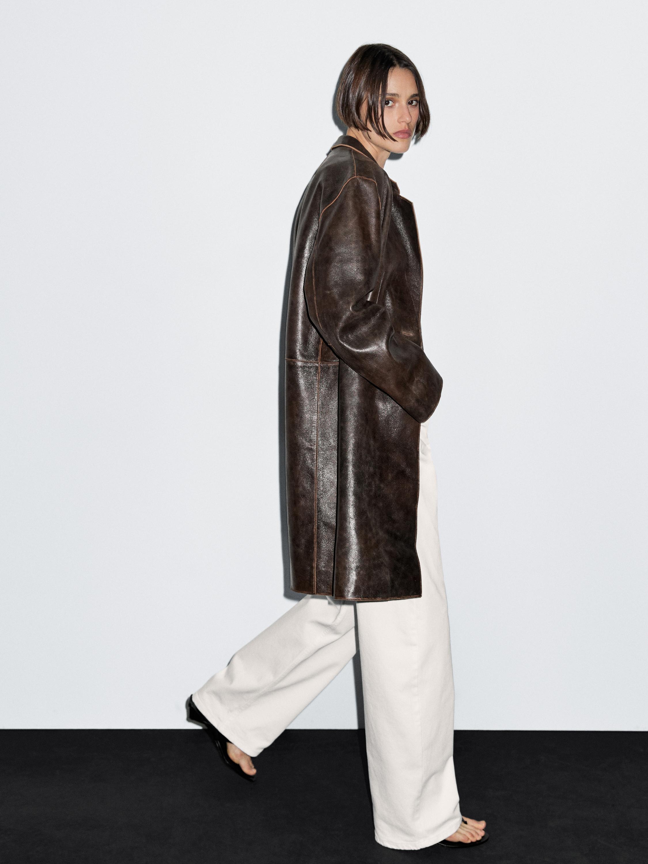 Manteau en cuir nappa effet usé